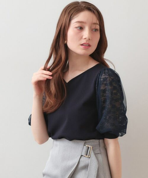 index / インデックス ニット・セーター | レーススリーブハートネックニット【洗濯機OK・UVケア・抗ピリング】（ネイビー(094)）