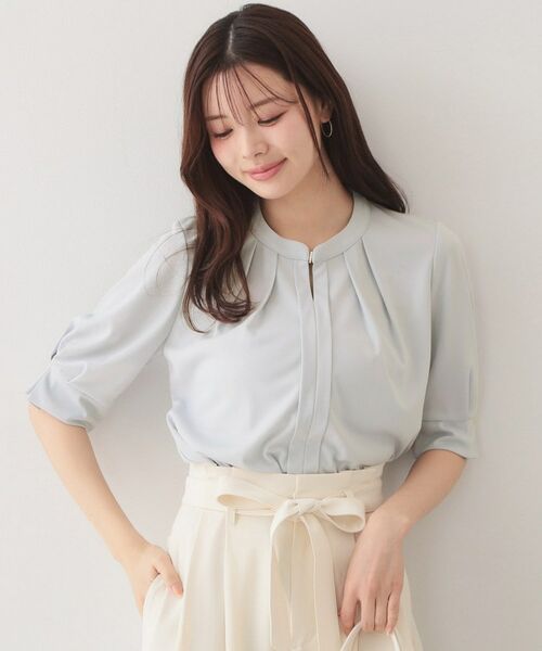 index / インデックス カットソー | アセテートライクバンドカラートップス【洗濯機OK／吸水速乾／接触冷感／UVケア】（サックスブルー(090)）