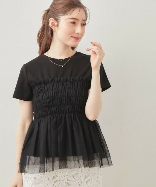 index / インデックス カットソー | チュールペプラムトップス【洗濯機OK・接触冷感・UVケア】（ブラック(819)）