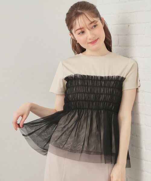 index / インデックス カットソー | チュールペプラムトップス【洗濯機OK・接触冷感・UVケア】（グレージュ(850)）