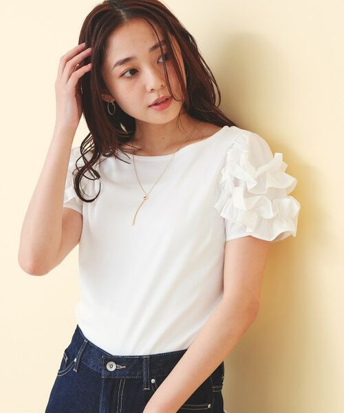 index / インデックス カットソー | フリルドッキングスリーブTシャツ【洗濯機OK／UVケア】（オフホワイト(003)）