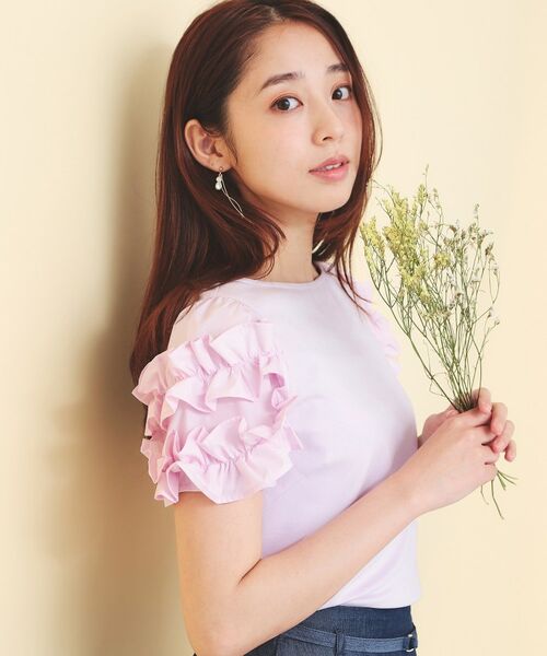index / インデックス カットソー | フリルドッキングスリーブTシャツ【洗濯機OK／UVケア】（ラベンダー(080)）