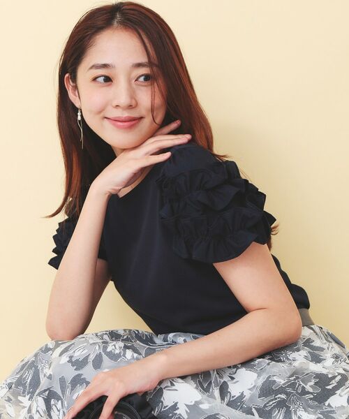 index / インデックス カットソー | フリルドッキングスリーブTシャツ【洗濯機OK／UVケア】（ネイビー(094)）