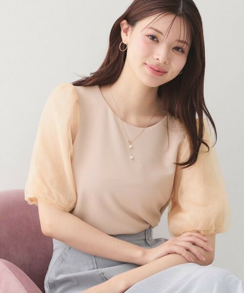 index / インデックス カットソー | シアーバルーンスリーブトップス【洗濯機OK・接触冷感・UVケア】（ピンクベージュ(053)）
