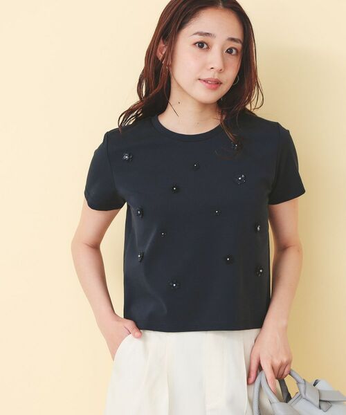 index / インデックス カットソー | スパンフラワーモチーフコンパクトT【洗濯機OK】（ネイビー(094)）