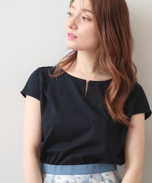 index / インデックス カットソー | ビジューキーネックフレンチトップス【洗濯機OK・接触冷感・UVケア】（ネイビー(094)）
