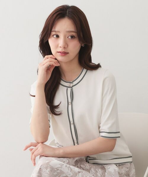 index / インデックス カーディガン・ボレロ | バイカラーダブルライン半袖カーディガン【洗濯機OK／UVケア】（オフホワイト(503)）