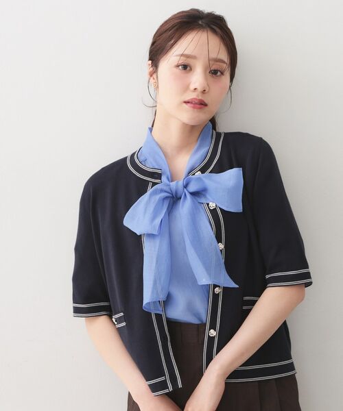 index / インデックス カーディガン・ボレロ | バイカラーダブルライン半袖カーディガン【洗濯機OK／UVケア】（ネイビー(594)）