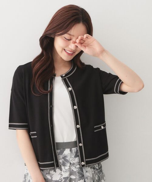 index / インデックス カーディガン・ボレロ | バイカラーダブルライン半袖カーディガン【洗濯機OK／UVケア】（ブラック(819)）