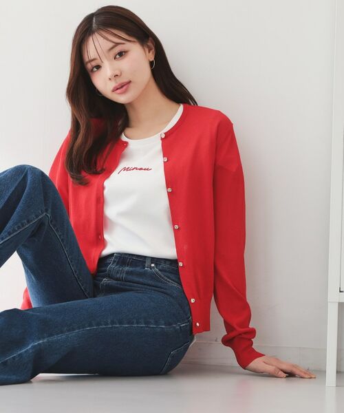 index / インデックス カーディガン・ボレロ | ビジューボタンクルーネックカーディガン【洗濯機OK・接触冷感・抗ピリング】（レッド(062)）