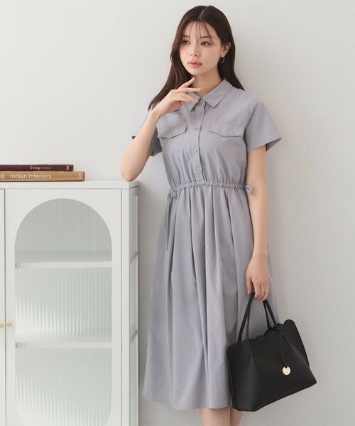 index / インデックス ミニ丈・ひざ丈ワンピース | サイドリボンシャツワンピース【洗濯機OK・防シワ】(チャコールグレー(013))