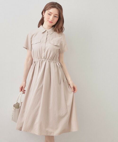 index / インデックス ミニ丈・ひざ丈ワンピース | サイドリボンシャツワンピース【洗濯機OK・防シワ】(グレージュ(050))
