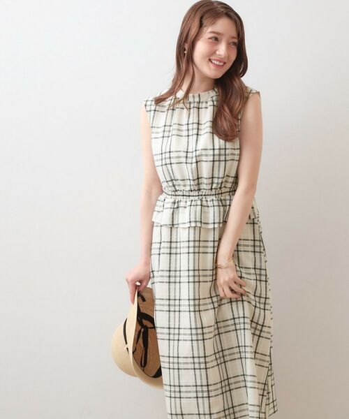 index / インデックス ミニ丈・ひざ丈ワンピース | シアーチェックミニペプラムワンピース【洗濯機OK・防シワ】（アイボリー(204)）