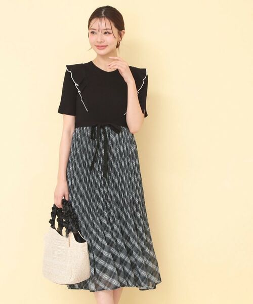 index / インデックス ミニ丈・ひざ丈ワンピース | チェックプリーツドッキングニットワンピース【洗濯機OK】 | 詳細1