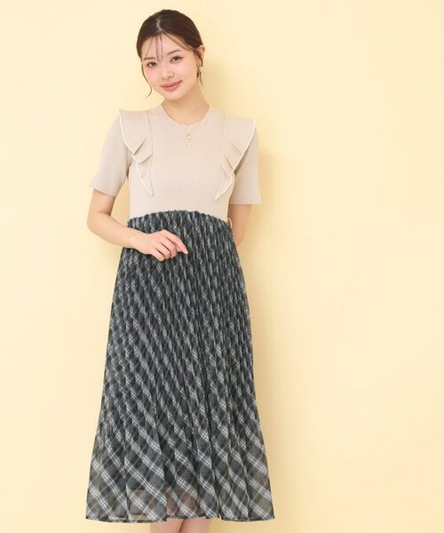 index / インデックス ミニ丈・ひざ丈ワンピース | チェックプリーツドッキングニットワンピース【洗濯機OK】 | 詳細11