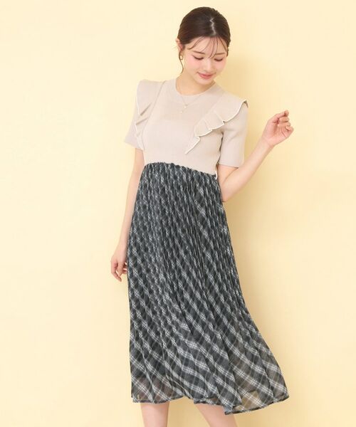 index / インデックス ミニ丈・ひざ丈ワンピース | チェックプリーツドッキングニットワンピース【洗濯機OK】 | 詳細12