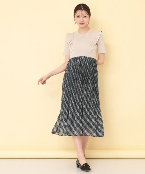 index / インデックス ミニ丈・ひざ丈ワンピース | チェックプリーツドッキングニットワンピース【洗濯機OK】 | 詳細13