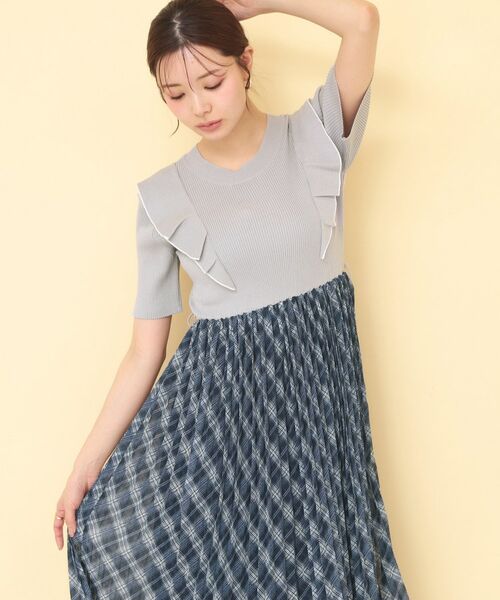 index / インデックス ミニ丈・ひざ丈ワンピース | チェックプリーツドッキングニットワンピース【洗濯機OK】 | 詳細18