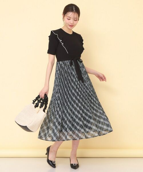 index / インデックス ミニ丈・ひざ丈ワンピース | チェックプリーツドッキングニットワンピース【洗濯機OK】 | 詳細2