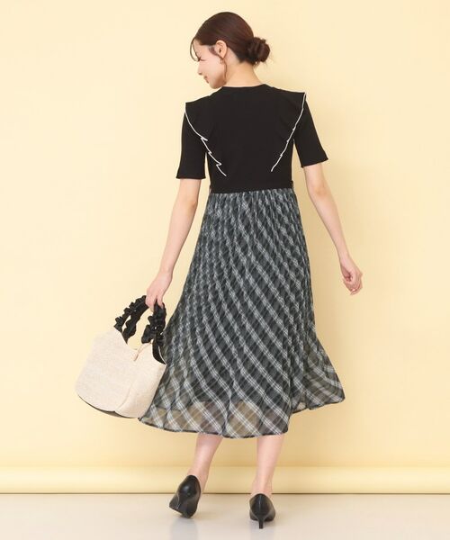 index / インデックス ミニ丈・ひざ丈ワンピース | チェックプリーツドッキングニットワンピース【洗濯機OK】 | 詳細3