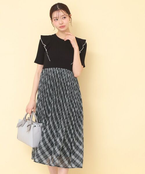 index / インデックス ミニ丈・ひざ丈ワンピース | チェックプリーツドッキングニットワンピース【洗濯機OK】 | 詳細6