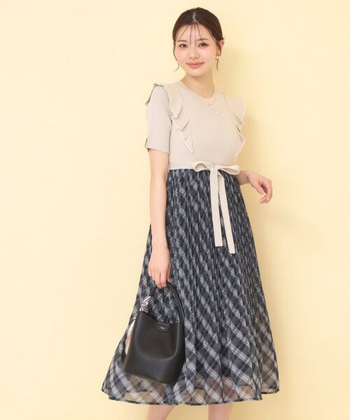 index / インデックス ミニ丈・ひざ丈ワンピース | チェックプリーツドッキングニットワンピース【洗濯機OK】 | 詳細8