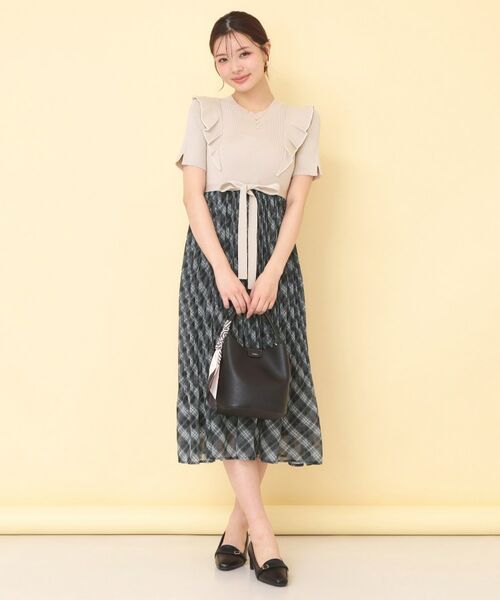 index / インデックス ミニ丈・ひざ丈ワンピース | チェックプリーツドッキングニットワンピース【洗濯機OK】 | 詳細9