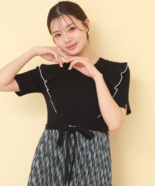 index / インデックス ミニ丈・ひざ丈ワンピース | チェックプリーツドッキングニットワンピース【洗濯機OK】（ブラック(019)）