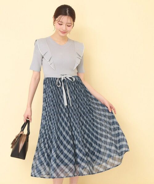 index / インデックス ミニ丈・ひざ丈ワンピース | チェックプリーツドッキングニットワンピース【洗濯機OK】（サックスブルー(090)）