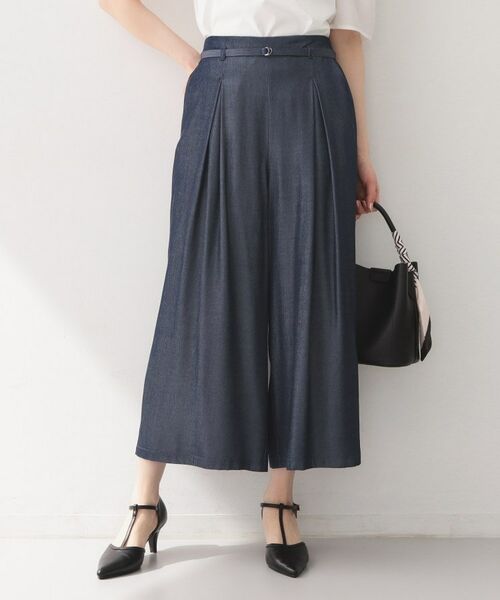 index / インデックス ショート・ハーフ・半端丈パンツ | シャンブレーワイドパンツ【洗濯機OK／UVケア／接触冷感／吸水速乾】（ネイビー(094)）