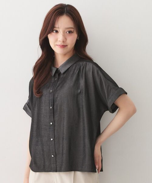 index / インデックス シャツ・ブラウス | シャンブレーターンバックシャツ【洗濯機OK／UVケア／接触冷感／吸水速乾】（ブラック(019)）