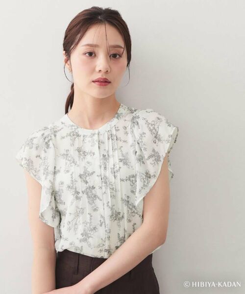 index / インデックス シャツ・ブラウス | ◆【日比谷花壇コラボ】線画フラワーピンタックブラウス【防シワ/洗濯機OK】（オフホワイト(103)）