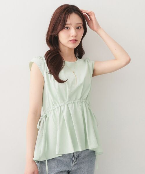 index / インデックス シャツ・ブラウス | シボサイドリボンペプラムブラウス【洗濯機OK／防シワ／ストレッチ／イージーアイロン】（ミントグリーン(021)）