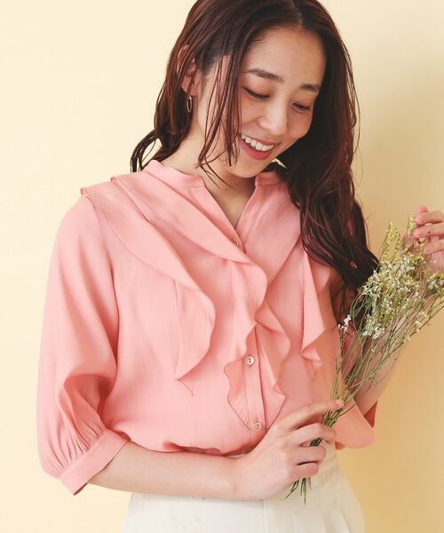 index / インデックス シャツ・ブラウス | シアーツイルフリルスキッパー【洗濯機OK／イージーアイロン】（オレンジ(065)）