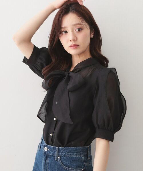 index / インデックス シャツ・ブラウス | オーガンシアーリボンフリルブラウス【洗濯機OK／イージーアイロン】（ブラック(019)）