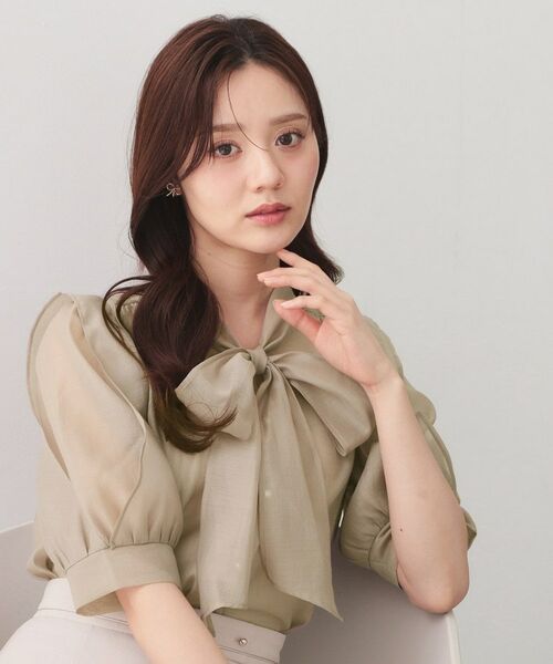 index / インデックス シャツ・ブラウス | オーガンシアーリボンフリルブラウス【洗濯機OK／イージーアイロン】（ベージュ(052)）