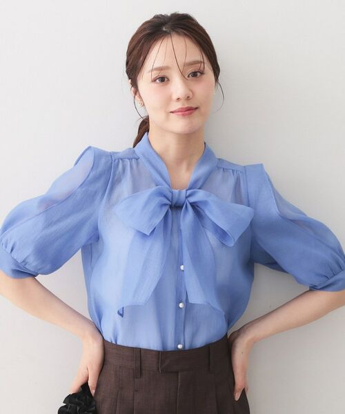 index / インデックス シャツ・ブラウス | オーガンシアーリボンフリルブラウス【洗濯機OK／イージーアイロン】（ブルー(092)）