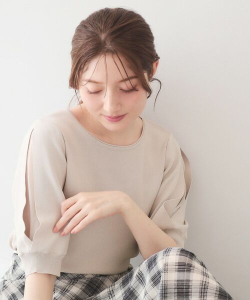 index / インデックス ニット・セーター | クールタッチラップスリーブニット【洗濯機OK・UVケア・接触冷感】（グレージュ(050)）