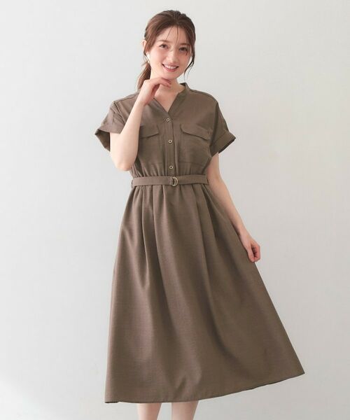 index / インデックス ミニ丈・ひざ丈ワンピース | ダブルポケットスキッパーワンピース【洗濯機OK・防シワ・イージーアイロン】（ブラウン(043)）