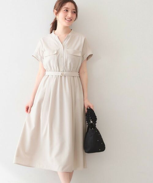 index / インデックス ミニ丈・ひざ丈ワンピース | ダブルポケットスキッパーワンピース【洗濯機OK・防シワ・イージーアイロン】（グレージュ(050)）