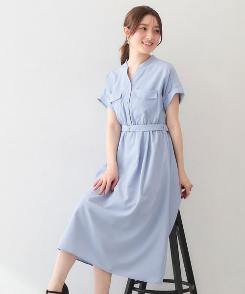 index / インデックス ミニ丈・ひざ丈ワンピース | ダブルポケットスキッパーワンピース【洗濯機OK・防シワ・イージーアイロン】（サックスブルー(090)）
