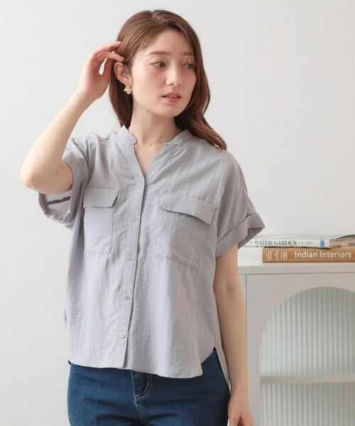 index / インデックス シャツ・ブラウス | ダブルポケットスキッパーブラウス【洗濯機OK・接触冷感・吸水速乾・防シワ・イージーアイロン】（サックスブルー(090)）