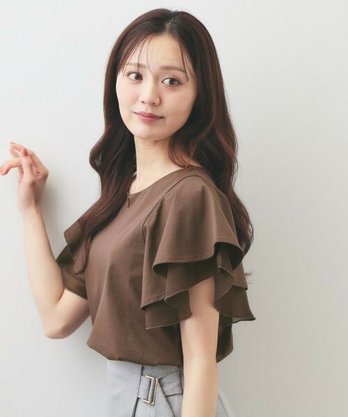 index / インデックス カットソー | シフォンフリルドッキングトップス【洗濯機OK／接触冷感／UVケア】（ブラウン(044)）