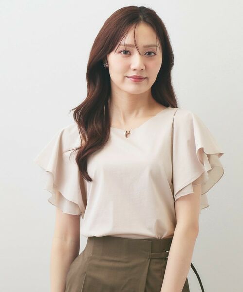index / インデックス カットソー | シフォンフリルドッキングトップス【洗濯機OK／接触冷感／UVケア】（グレージュ(050)）