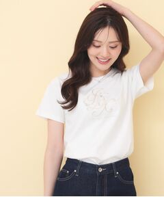 ビッグロゴ刺繍ビジュー付きTシャツ【洗濯機OK／接触冷感／UVケア】