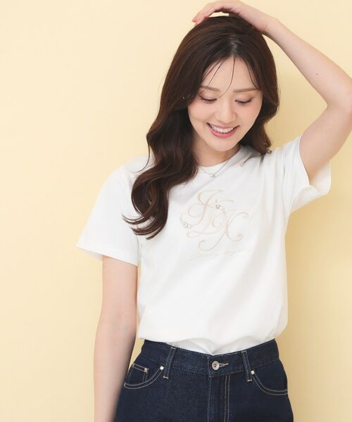 index / インデックス Tシャツ | ビッグロゴ刺繍ビジュー付きTシャツ【洗濯機OK／接触冷感／UVケア】（オフホワイト(003)）