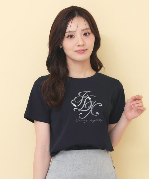 index / インデックス Tシャツ | ビッグロゴ刺繍ビジュー付きTシャツ【洗濯機OK／接触冷感／UVケア】（ネイビー(094)）