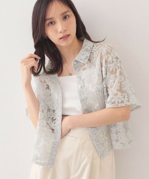 index / インデックス シャツ・ブラウス | シアーフラワー刺繍ボクシーシャツ【洗濯機OK／イージーアイロン】（ライトグレー(011)）