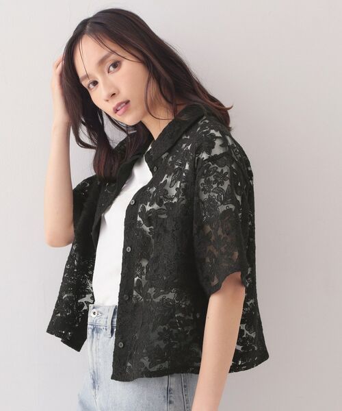 index / インデックス シャツ・ブラウス | シアーフラワー刺繍ボクシーシャツ【洗濯機OK／イージーアイロン】（ブラック(019)）