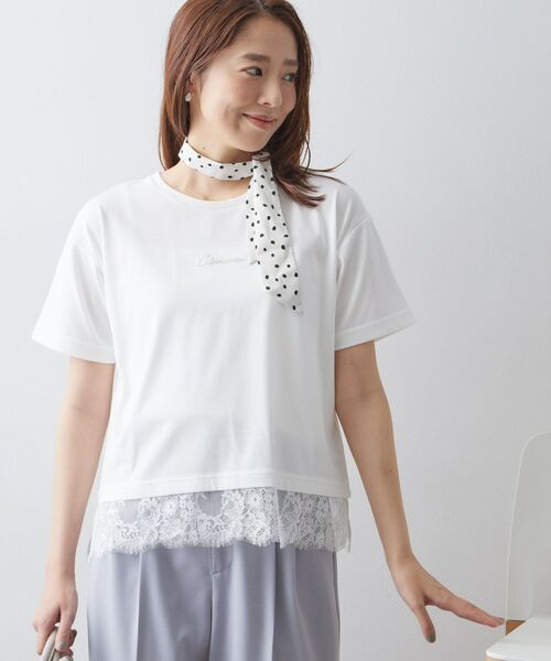 index / インデックス Tシャツ | ロゴ刺繍レースヘムTシャツ【洗濯機OK/接触冷感/UVケア】(オフホワイト(003))